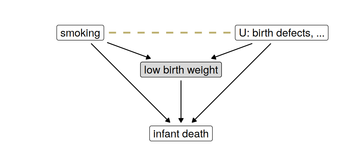 A causal graph in boxes: smoking and U (birth defects and other causes) both point into low birth weight, which is shaded gray; smoking, low birth weight and U all point into infant death; a dashed gold line joins smoking and U.